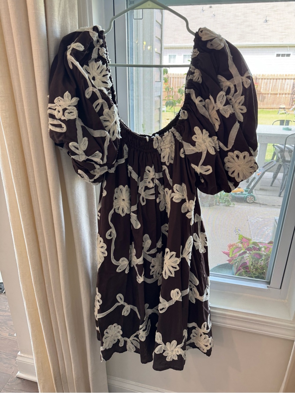Embroidered Puff Sleeve Mini Dress - Chocolate Brown with White Floral